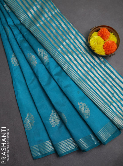 Semi raw silk saree teal blue with silver zari woven buttas and zari woven border