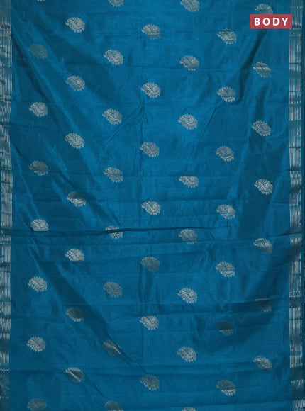 Semi raw silk saree teal blue with silver zari woven buttas and zari woven border