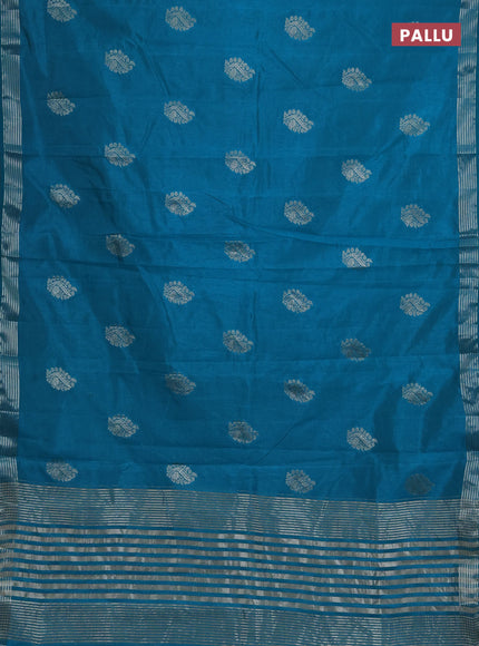 Semi raw silk saree teal blue with silver zari woven buttas and zari woven border