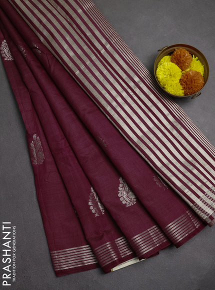 Semi raw silk saree deep wine with silver zari woven buttas and zari woven border