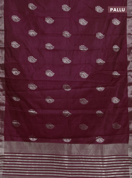 Semi raw silk saree deep wine with silver zari woven buttas and zari woven border
