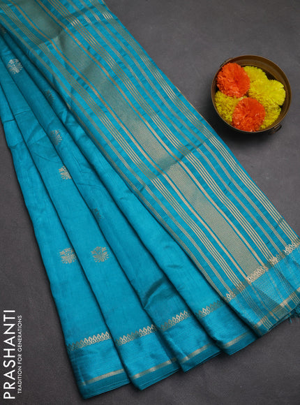 Semi raw silk saree teal blue with zari woven buttas and rettapet zari woven border
