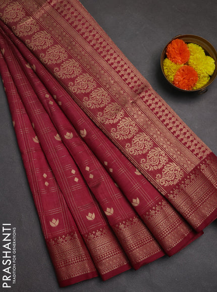 Semi raw silk saree dark magenta pink with allover zari checks & buttas and zari woven border
