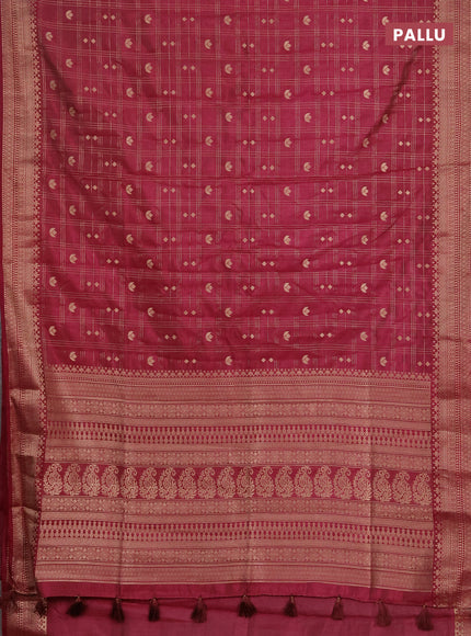 Semi raw silk saree dark magenta pink with allover zari checks & buttas and zari woven border