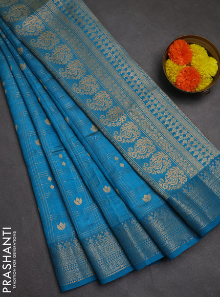 Semi raw silk saree cs blue with allover zari checks & buttas and zari woven border
