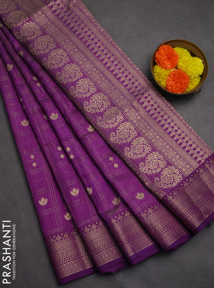 Semi raw silk saree purple with allover zari checks & buttas and zari woven border