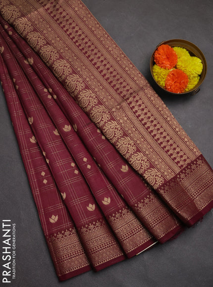 Semi raw silk saree wine shade with allover zari checks & buttas and zari woven border