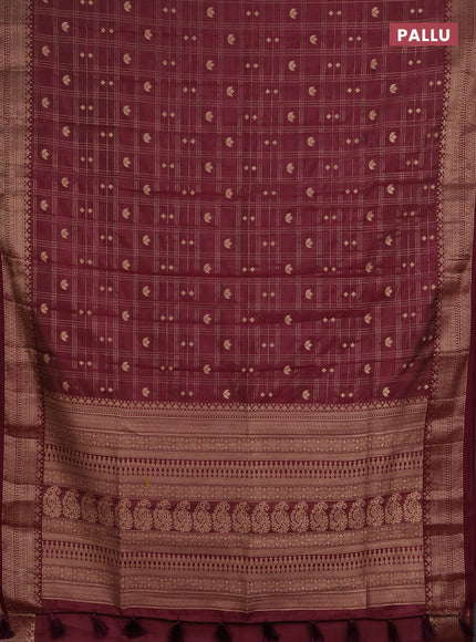 Semi raw silk saree wine shade with allover zari checks & buttas and zari woven border