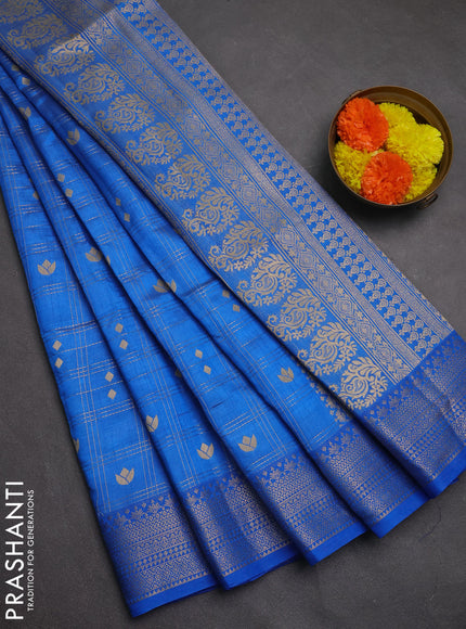 Semi raw silk saree blue with allover zari checks & buttas and zari woven border