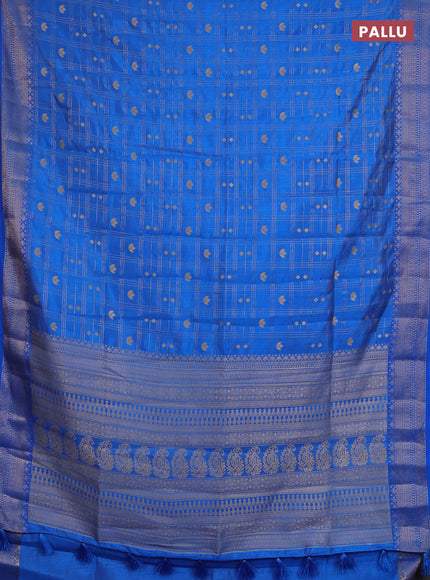 Semi raw silk saree blue with allover zari checks & buttas and zari woven border