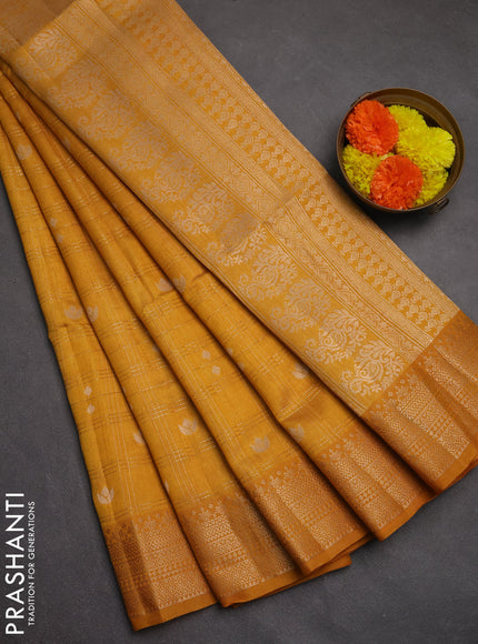 Semi raw silk saree mustard yellow with allover zari checks & buttas and zari woven border