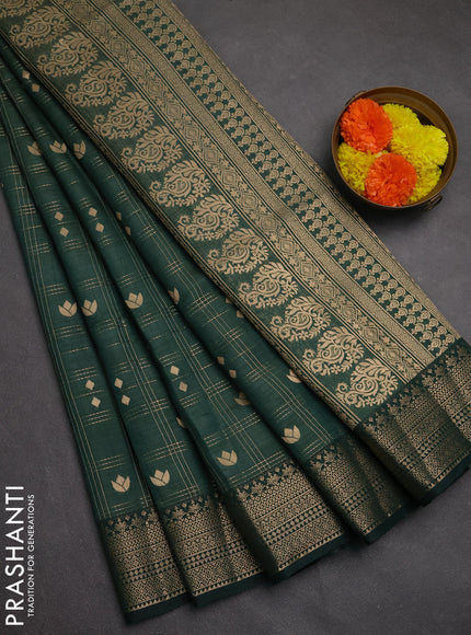 Semi raw silk saree bottle green with allover zari checks & buttas and zari woven border