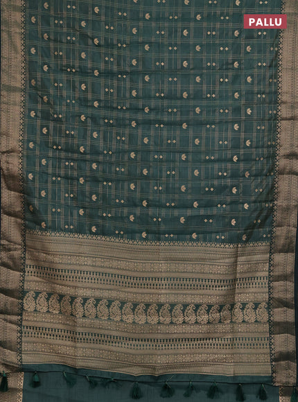 Semi raw silk saree bottle green with allover zari checks & buttas and zari woven border