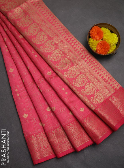 Semi raw silk saree peach pink with allover zari checks & buttas and zari woven border