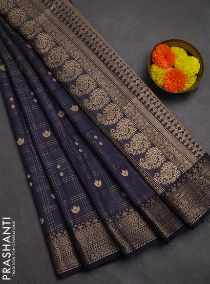 Semi raw silk saree navy blue with allover zari checks & buttas and zari woven border