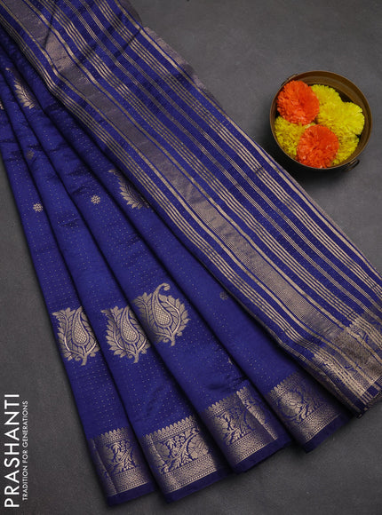 Semi raw silk saree blue with allover zari woven buttas and zari woven border