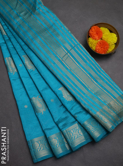Semi raw silk saree teal blue with allover zari woven buttas and zari woven border