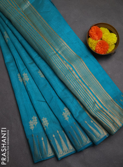 Semi raw silk saree teal blue with zari woven buttas and zari woven border