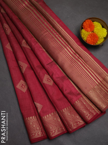 Semi raw silk saree maroon with zari woven geometric buttas and zari woven border