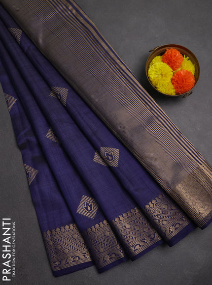 Semi raw silk saree blue with zari woven geometric buttas and zari woven border