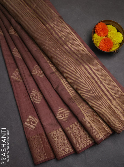 Semi raw silk saree brown with zari woven geometric buttas and zari woven border