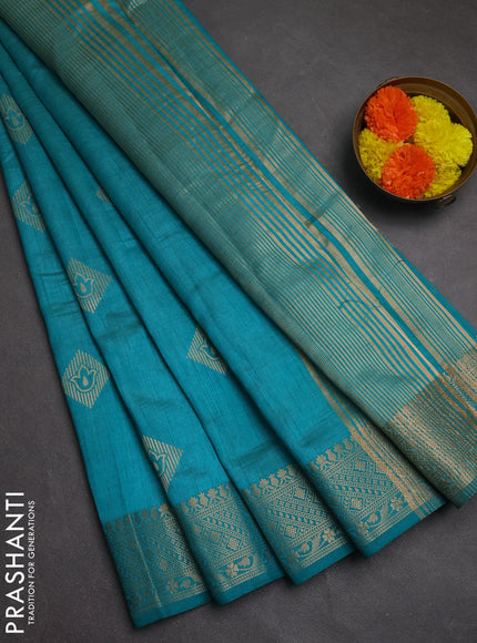 Semi raw silk saree teal blue with zari woven geometric buttas and zari woven border