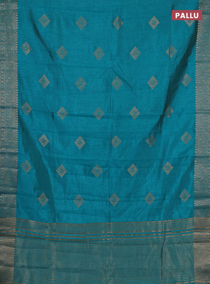 Semi raw silk saree teal blue with zari woven geometric buttas and zari woven border