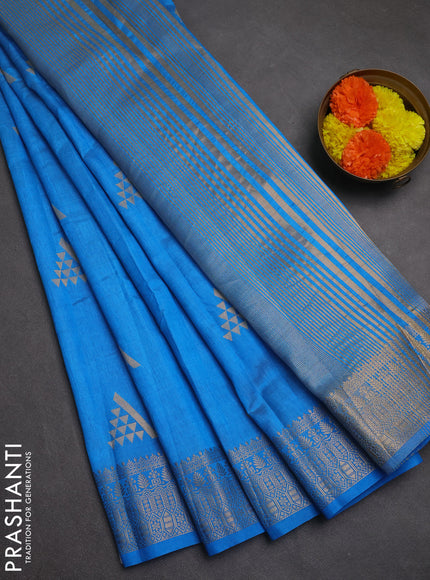 Semi raw silk saree blue with zari woven geometric buttas and zari woven border