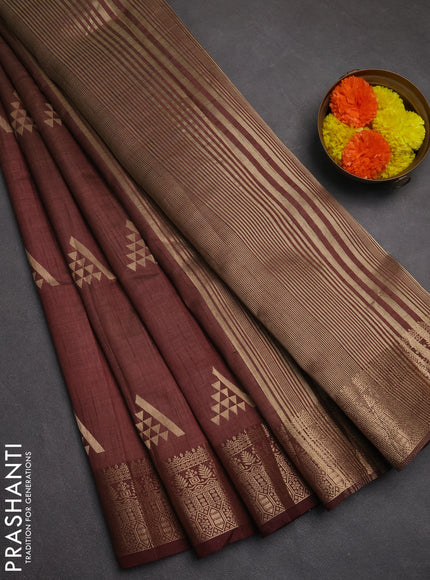 Semi raw silk saree brown with zari woven geometric buttas and zari woven border