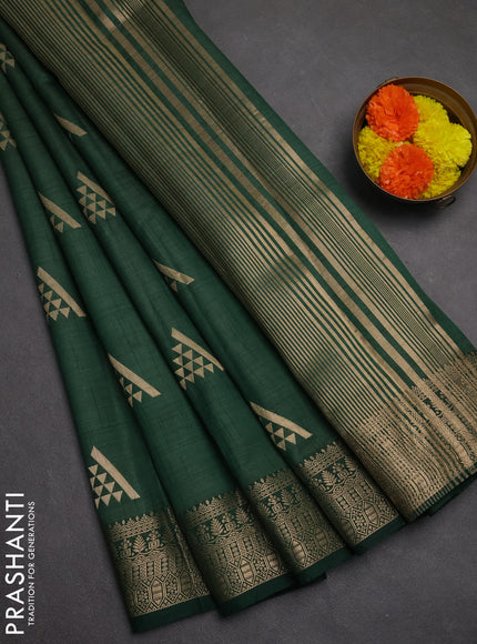 Semi raw silk saree bottlr green with zari woven geometric buttas and zari woven border