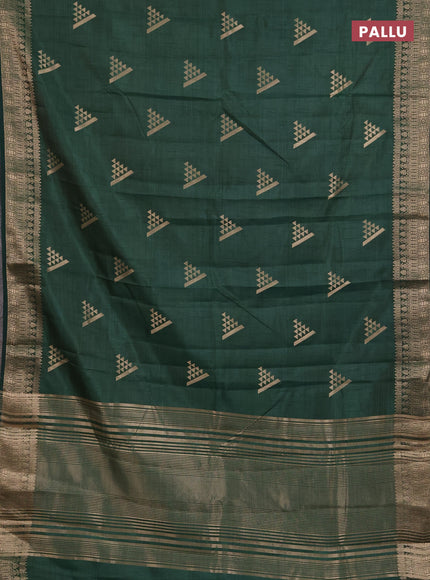 Semi raw silk saree bottlr green with zari woven geometric buttas and zari woven border