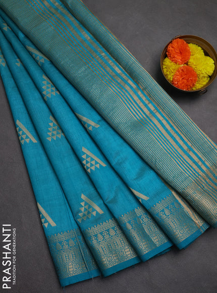 Semi raw silk saree teal blue with zari woven geometric buttas and zari woven border