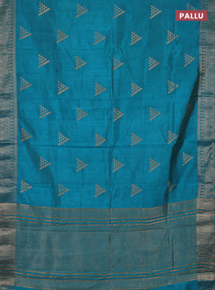 Semi raw silk saree teal blue with zari woven geometric buttas and zari woven border