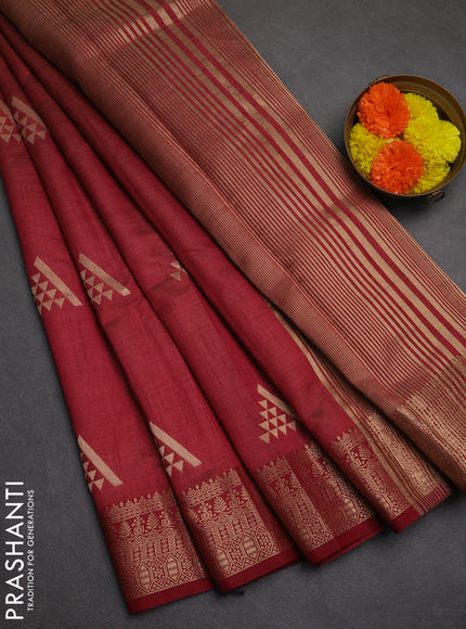 Semi raw silk saree maroon with zari woven geometric buttas and zari woven border
