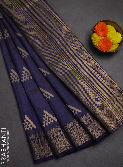Semi raw silk saree navy blue with zari woven geometric buttas and zari woven border