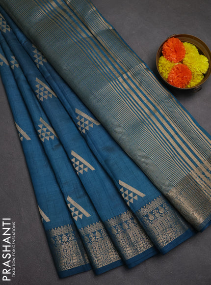 Semi raw silk saree cs blue with zari woven geometric buttas and zari woven border