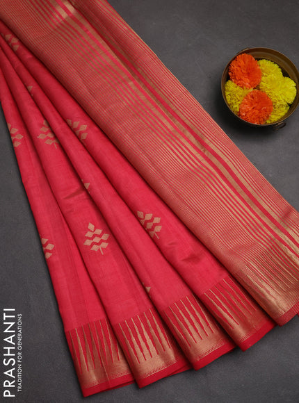 Semi raw silk saree peach pink with zari woven buttas and temple design zari woven border