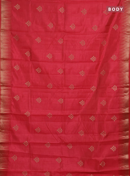 Semi raw silk saree peach pink with zari woven buttas and temple design zari woven border