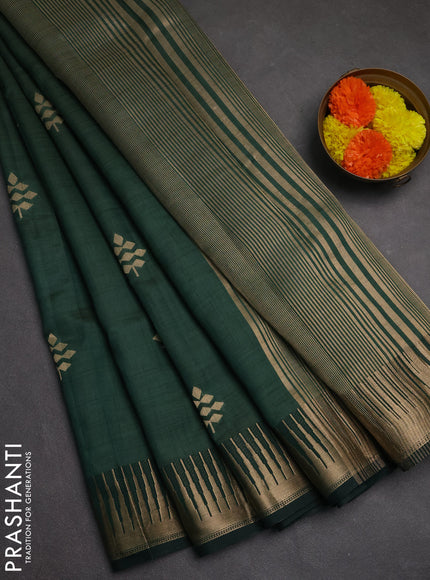 Semi raw silk saree bottle green with zari woven buttas and temple design zari woven border