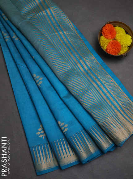 Semi raw silk saree teal blue with zari woven buttas and temple design zari woven border