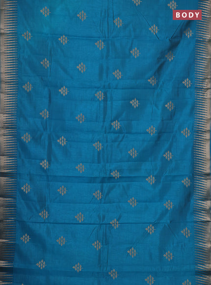 Semi raw silk saree teal blue with zari woven buttas and temple design zari woven border