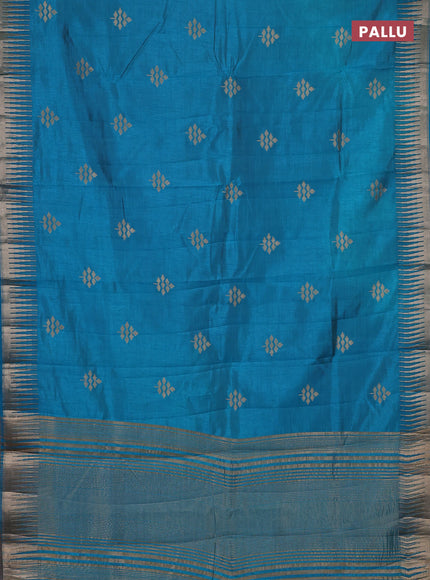 Semi raw silk saree teal blue with zari woven buttas and temple design zari woven border