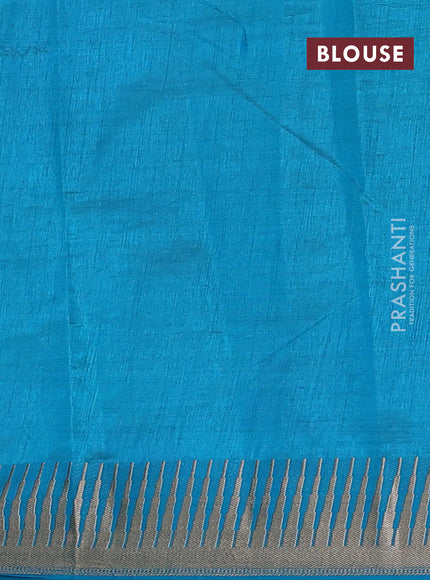 Semi raw silk saree teal blue with zari woven buttas and temple design zari woven border