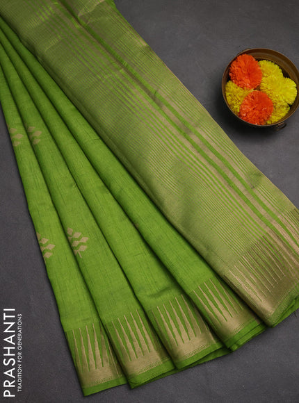 Semi raw silk saree parrot green with zari woven buttas and temple design zari woven border