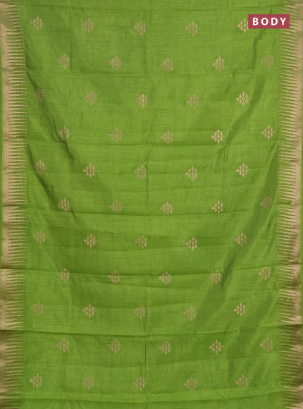 Semi raw silk saree parrot green with zari woven buttas and temple design zari woven border