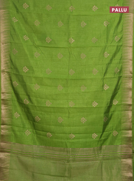 Semi raw silk saree parrot green with zari woven buttas and temple design zari woven border