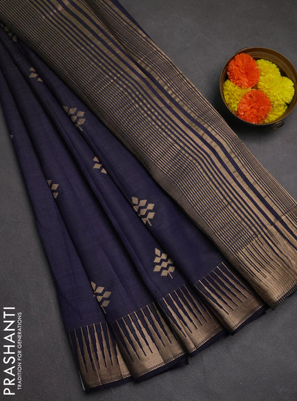 Semi raw silk saree navy blue with zari woven buttas and temple design zari woven border