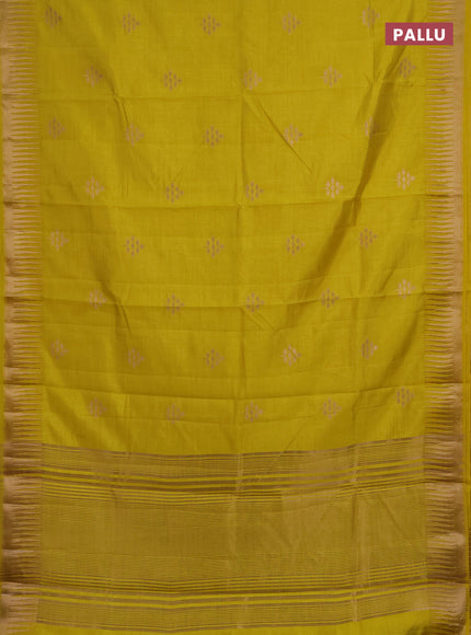 Semi raw silk saree yellow with zari woven buttas and temple design zari woven border