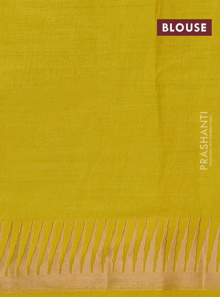 Semi raw silk saree yellow with zari woven buttas and temple design zari woven border