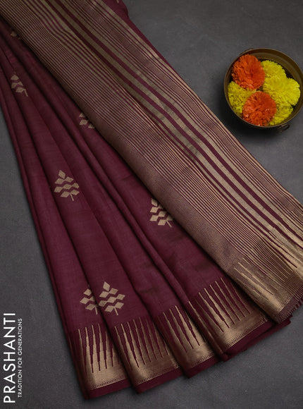 Semi raw silk saree wine shade with zari woven buttas and temple design zari woven border